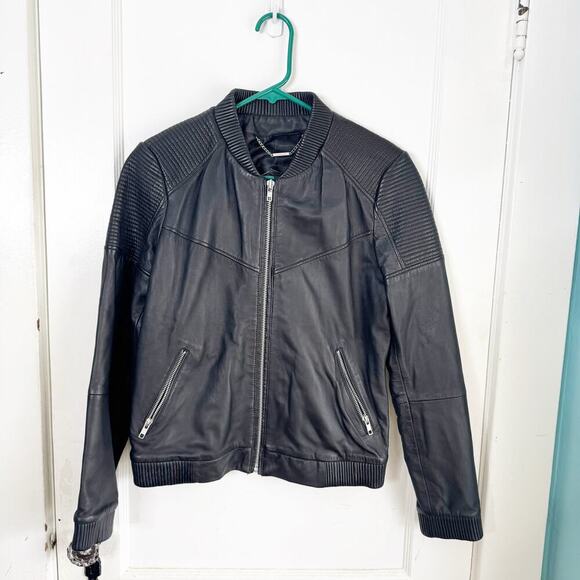 MNG SUIT MANGO 100% Genuine Sheep Leather Bomber Jacket Exposed Silver Zippers S - Picture 1 of 16